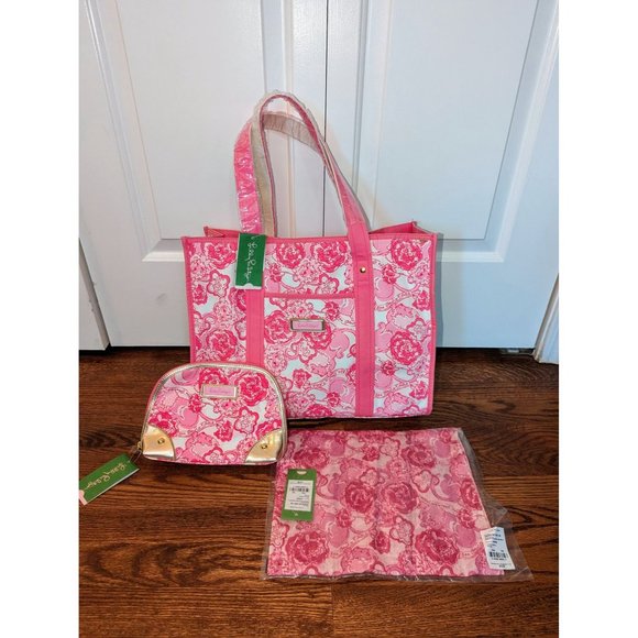 NWT Lilly Pulitzer Pink Phi Mu Patterned Bundle - Tote, Makeup Bag, Scarf - Picture 2 of 15